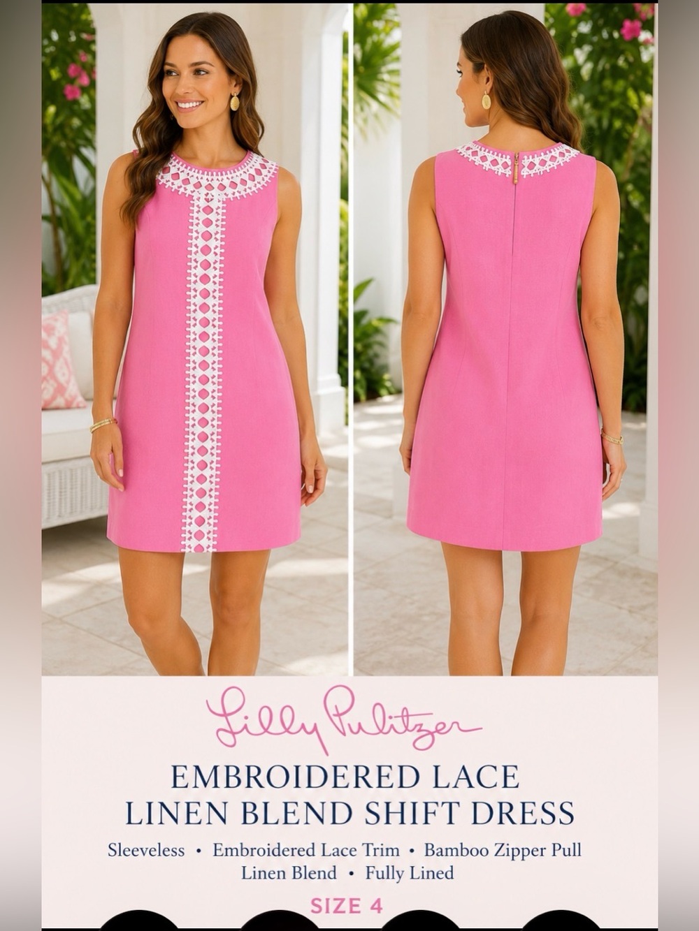 Lilly Pulitzer Pink Linen Blend Embroidered Lace Shift Dress Size 4